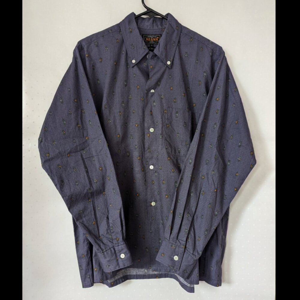 Men's size M BEAMS PLUS purple printed long-sleeve button-up shirt